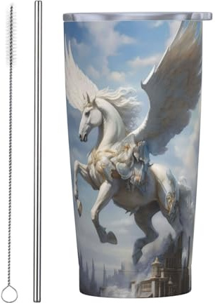 Vasos personalizados, tazas de acero inoxidable personalizadas de 20 onzas, taza de café de viaje aislada con tapa y botella de agua con pajilla, regalo personalizado para familiares y amigos, Pegaso
