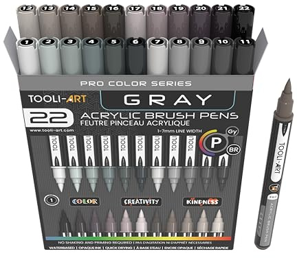 TOOLI-ART Lot de marqueurs de peinture acrylique à pointe pinceau flexible de 1 à 7 mm pour peinture sur roche, lettrage au pinceau, verre, tasses, bois, métal, toile, tissu, plastique, non toxique à