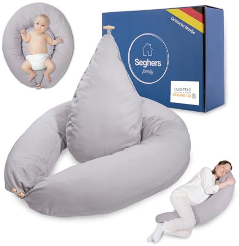 Seghers Family 2-in-1 Stillkissen XXL Schwangerschaftskissen Seitenschläferkissen für Baby, Pregnancy Pillow mit Innenkissen & Baumwoll Stillkissenbezug, Kissen Schwangerschaft Stillkissen (Grau)