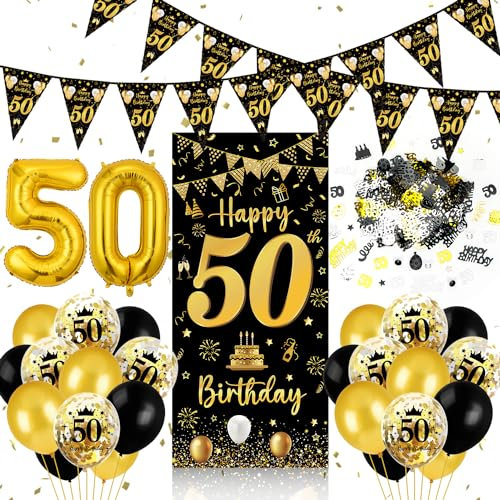 Dekorationen 50 Jahre Schwarzgold - Banner, Luftballons, Konfetti, dreieckige Girlande für Geburtstagsdekorationen Herren Damen