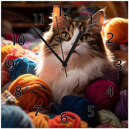 Wallario Design-Wanduhr Katze in einem Berg von Wollknäuel aus Glas, Motiv-Uhr Größe 30 x 30 cm, Schwarze Zeiger