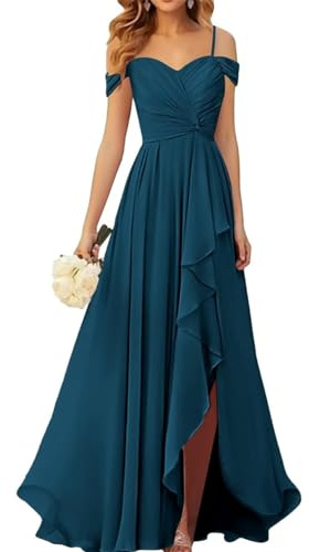 Wseyu - Abito da damigella d'onore con spalline scoperte, in chiffon plissettato con spacco. Abito lungo formale da sera, per feste e balli, Pavone, 50