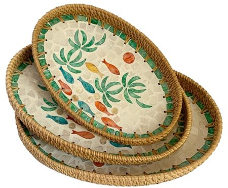 3-teiliges rundes Rattan-Tablettts mit Perlmutt-Inlay, Rattan-Serviertablett mit Holzsockel, ideal für Snacks, Obst, Organisation und Aufbewahrung, schönes gewebtes Design, Unterwasser-Thema