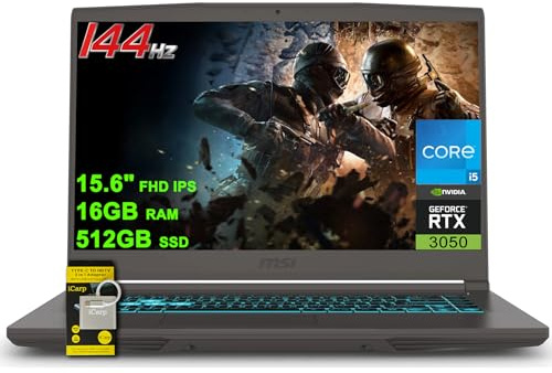 MSI Laptop delgada para juegos de 15.6 pulgadas FHD IPS 144Hz Intel 8-core i5-12450H (Beats i7-11800H) 16GB RAM 512GB SSD GeForce RTX 3050 retroiluminada USB-C Win11 con accesorio ICP