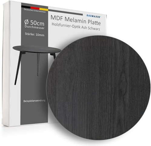 Baumaxxe Tischplatte Rund 50 cm Holz I Stärke: 10 mm I schwarz Ash I MDF Platte Rund mit Melaminbeschichtung beidseitig I DIY-Projekte I bm334