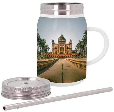 Tazza termica in acciaio inox con coperchio e cannuccia, Tomba di Saadarjung A Delhi India Monumento, 500 ml