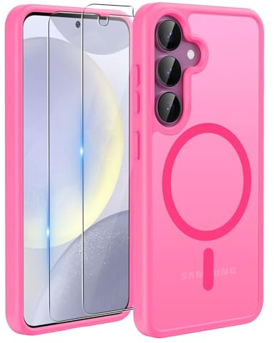 TQIAHF Magnetic Phone Case Cover for Samsung Galaxy S25 5G /S24 5G,Rose Red | with 2 Tempered Glass Screen Protector Compatible with MagSafe Military Grade Shockproof Protective Slim Translucent Matte
