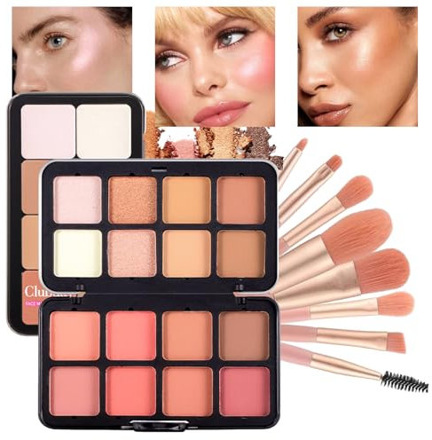16 Farben Blush Make-Up Palette, Rouge Contour Highlighter Mit Puder Pinselset - Feine, Matte und Schimmernde Textur