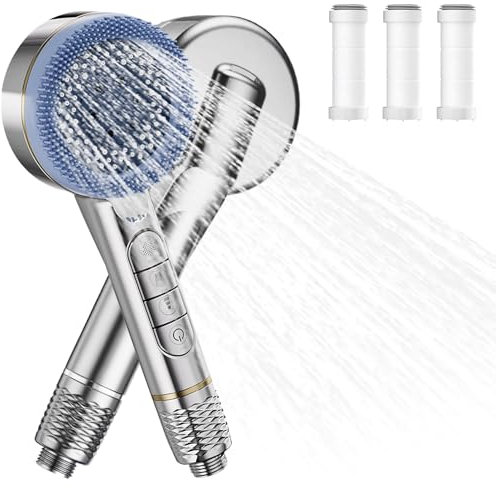Pommeau de Douche Haute Pression - Douchette avec 3 Filtre anti Calcaire, Pommeau Douche 4 Types de Jets Pommeau Douche Economie Deau avec Bouton D'arrêt D'eau, Argenté