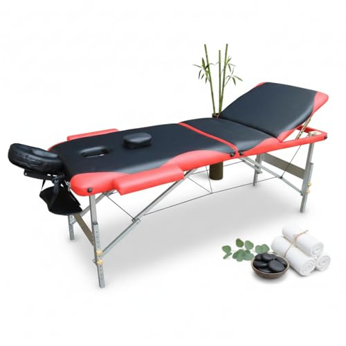 Mucola Massageliege Kosmetikliege 3 Zonen klappbar Schwarz/Orange Aluminium | höhenverstellbar, bis 250 kg belastbar, 5 cm dicke Polsterung, Kunstleder pflegeleicht, für Physiotherapie, inkl. Tragetasche