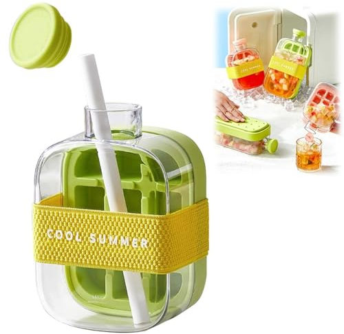 Botella de cubitos de hielo con popote, botella de agua 2 en 1, bandeja para cubitos de hielo con tapa y contenedor, liberación de hielo con un solo toque y sin tocar, botella para hacer cubitos de