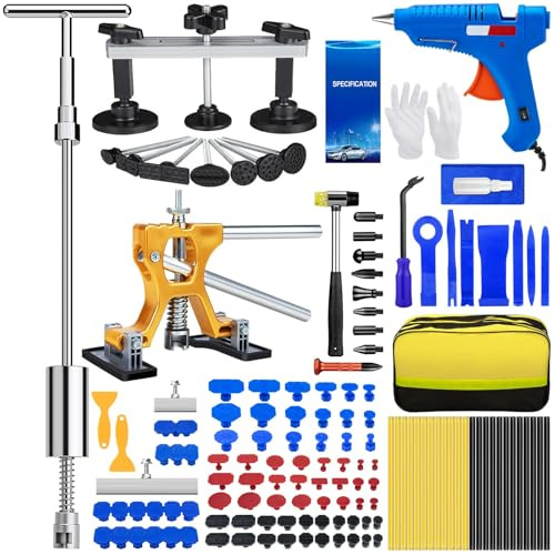 polisak 134Pcs Car Dent Puller Kit, Paintless Dent Removal Tool Kit with 3 in 1 T-bar Slide Hammer & Bridge Puller & Golden Lifter, Dent Repair Kit for Car Hail Damage Large Small Dent Fast Removal