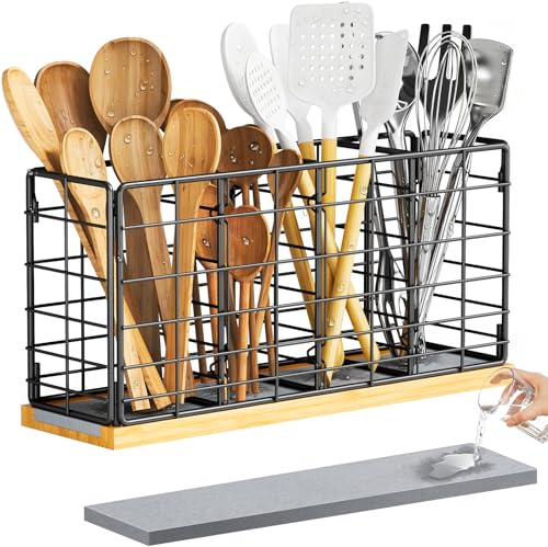 NiHome Metal Kitchen Utensil Holder with Diatomaceous Earth Base, Fast Drying & Odor Control, Large 4-Compartment Utensil Caddy for Spatulas, Tongs, Whisks, Rustproof Organizer with No Scratch Bottom