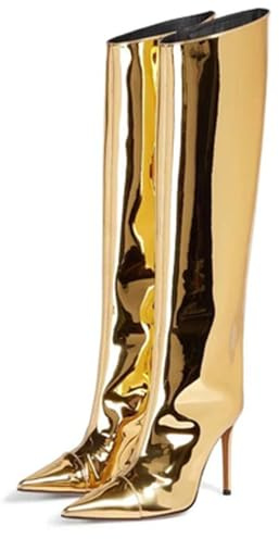 Gold,45 EU,Damen-Stiefel mit spitzer Zehenpartie und Stiletto-Absatz, weites Wadenbein, kniehoch, für Nachtclubs, Laufstege und Bühnen, hohe Stiefel, modisch, bequem, High Heel-Abendschuhe