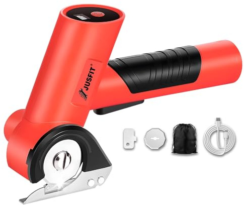 JUSFIT Electric Scissors, 4V Rechargeable Cardboard Cutter with LED Display and 2 Blades for Leather Carpet Plastic Felt Cutting