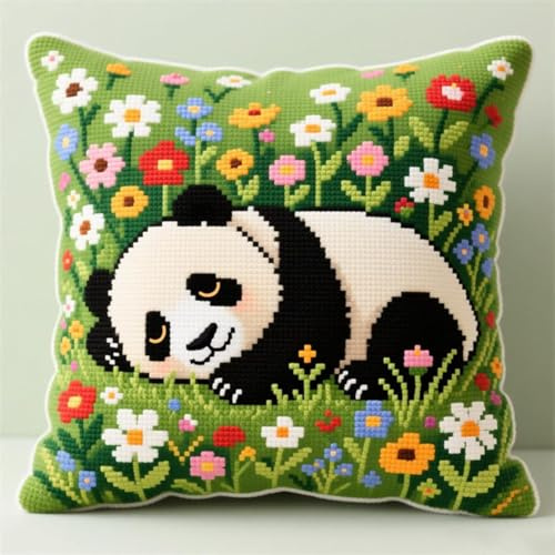 Wallphantom Coussin brodé au point de croix,Panda dormant dans les fleurs,Coussin Point de Croix pour Canapé/Lit,Décoration Maison,Coussins à Broder,45x45cm