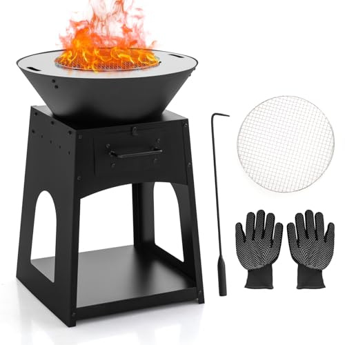 FANTASK Feuerschale mit Grillrost, Feuerstelle mit Aschekasten & Staufach, Fire Pit Set inkl Schürhaken, Handschuhen für Garten, Terrasse, Camping, Schwarz