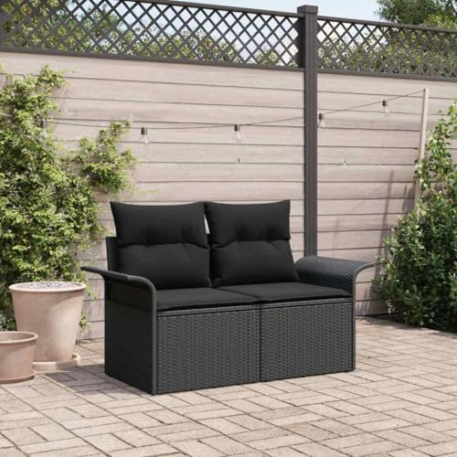 Mandloder Gartensofa mit Kissen Schwarz, 141 x 62 x 69cm Poly-Rattan, wetterfestes 2-Sitzer Loungesofa für Terrasse, Balkon, Gartenmöbel