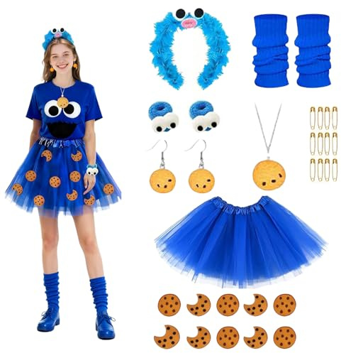 Generisch Krümelmonster Kostüm Damen, Krümelmonster Kostüm Accessories, Haarreif+Keks Ohrringe Krümelmonster+Tüllrock Blau+Stulpen Damen Blau, Kostüm für Karneval, Halloween, Maskerade, Cosplay