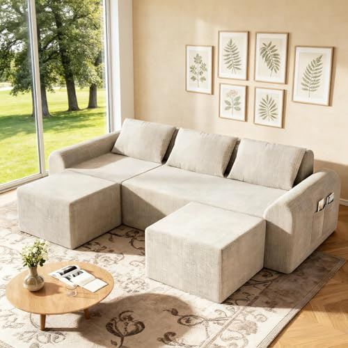 Decofy Cloud Modular Sectional Sofa, No Assembly Deep Seat Chenille Couch with 2 Ottomans, 3-Seater Modular Sofa for Living Room, Beige