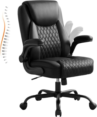 GTPLAYER Kontorsstol ergonomisk, skrivbordsstol, chefsfåtölj med högt ryggstöd, hopfällbara armstöd, justerbar höjd, PU-läder, extra bred sits, för kontor och hemmakontor, svart