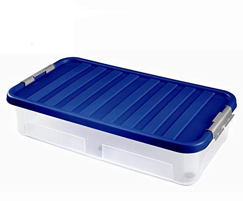 Heidrun 3 Stück Unterbettbox mit Rollen - 40 Liter, 80x40x18cm- Box transparent/transparenter oder blauer Deckel (Farbwahl zufällig)