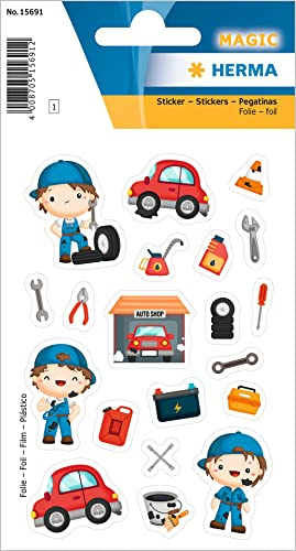 HERMA 15691 Stickers Mechanic Small Large 19 Pieces Professional Stickers with Car Workshop Tool Motif, Children's Labels for Photo Album, Diary, Poetry Album, Scrapbooking, Birthday Decoration, DIY