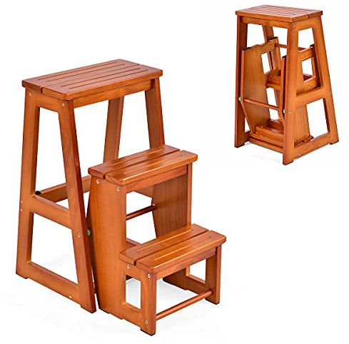 RELAX4LIFE Sgabello Pieghevole in Legno, Scaletta a 3 Gradini, Richiudibile e Salvaspazio per Cucina, Camera, Ufficio, Negozio, Colore: Noce