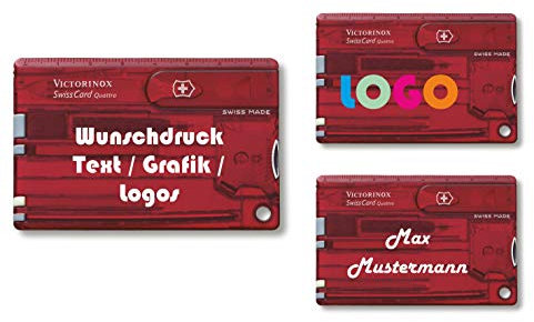 Victorinox Swiss Card Quattro Con Richiesta Stampa I Regalo per Uomini I Regali Per Compleanno I Svizzero Coltello da Tasca Personalizzato 12 Funzioni (Rosso Trasparente)