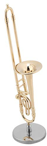 Miniature Gold Plated Trombone Model with Display Stand and Case, Musical Instrument Replica, Home Decor Ornament