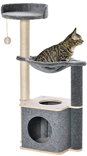 PawHut Árbol Rascador para Gatos 48x34x95 cm Torre para Gatos con Hamaca Plataformas Cueva Extraíble Bola Colgante y Postes de Sisal Gris