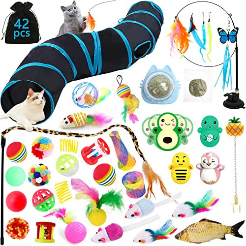 YUTUY Katzenspielzeug Set mit Katzentunnel,42 Stück Katzen Spielzeug Set,Mit Bälle,Federspielzeug,Spielzeugmäuse Katzen,Katzenminze,Fisch,2-Wege katzentunnel (Black)