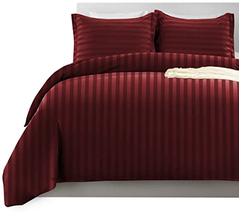 Imperial Rooms King Size Duvet Cover Sets Reversible Stripes Satin Bedding Set with Pillowcases Breathable Microfiber Duvet Covers (Burgundy 230x220 Cm)