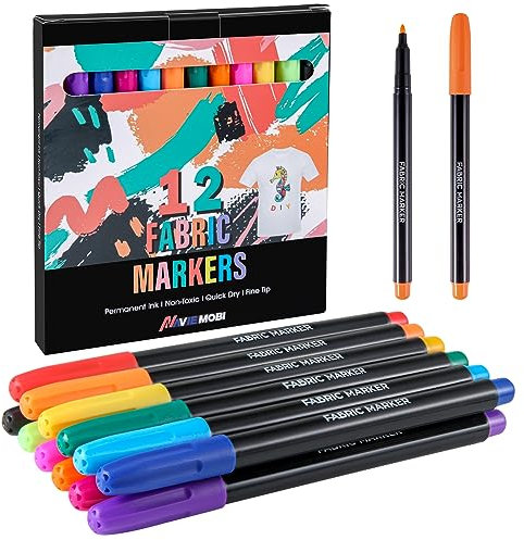 Navie Mobi Textilstifte Waschmaschinenfest,12 Farben Stoffmalstifte für T-Shirts,Jeans,Hüte,Schuhe,Einkaufstasche,Stoffbeutel zum Bemalen