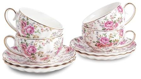 Agyiuns Tea Cup and Saucers, 6.4oz Floral Tea Cups with Gold Trim, Porcelain Teacup, Coffee Cappuccino Espresso Latte Mugs for Party Birthday,Party Cafe Home, Christmas Gift (White)