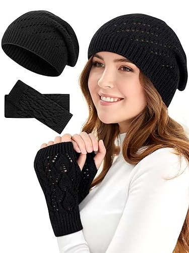 MELLIEX Winter Beanie Mütze und Fingerlose Handschuhe Set, Warmes Strickmütze und Handstulpen mit Hohlgeschnitztem Design für Frauen