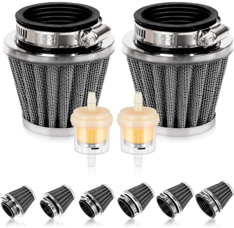 Swpeet 2Pcs 42mm Motorcycle Air Filter with 2Pcs Fuel Filter Replace Assortment Kit, Universal Cone Intake Breather Cleaner Replacement for 50cc 110cc 125cc 150cc 200cc Atv Dirt Bike, Scooter (Black)