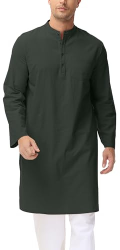 LVCBL Herren Leinen Kaftan Henley Thobe Herren Lounge Stehkragen Thobe Dunkelgrau L