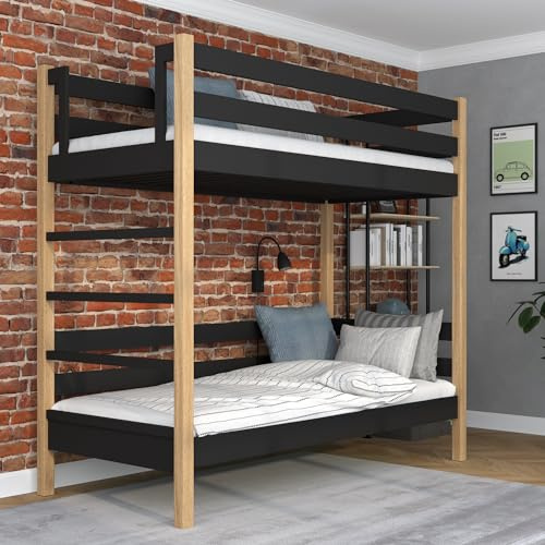 N-Wood N03 Etagenbett, Kinderbett 90x200 cm, für 2 Kinder, 2 Leitermontageseiten: Links oder rechts, sichere abgerundete Kanten, Stabile Massivholzkonstruktion, Hochwertige Materialien, Schwarzeiche