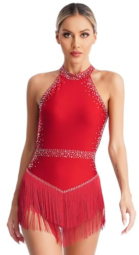 Alvivi Maillot de Danza Ballet para Mujer Vestido Patinaje Artístico de sin Manga Leotardo Gimnasia con Pedrería Brillante Maillot de Baile Latino Dancewear S-3XL F borgoña S