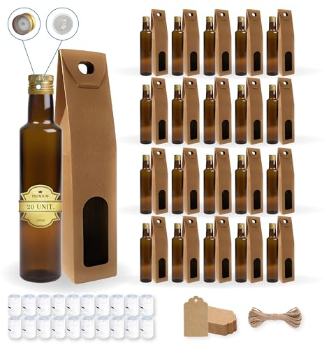 Espirito Rebelde - 20 botellas de vidrio oscuro 250 ml con tapón de rosca dorado con boquilla vertedora + 20 cajas + 20 sellos + 20 etiquetas Kraft + cuerda - aceite de oliva, vinagre, alcohol -