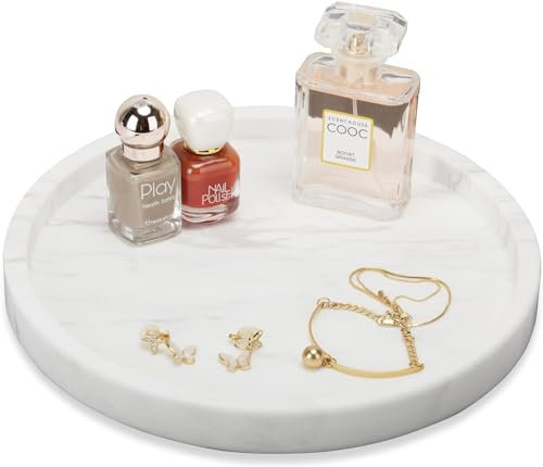 WORHE Natural Marble Decorative Tray for Bathroom Bedroom Kitchen Dresser, Round Vanity Trays for Jewelry, Perfume, Cosmetic, Candle, Countertop Storage Organizer for Home Decor Color White TP601