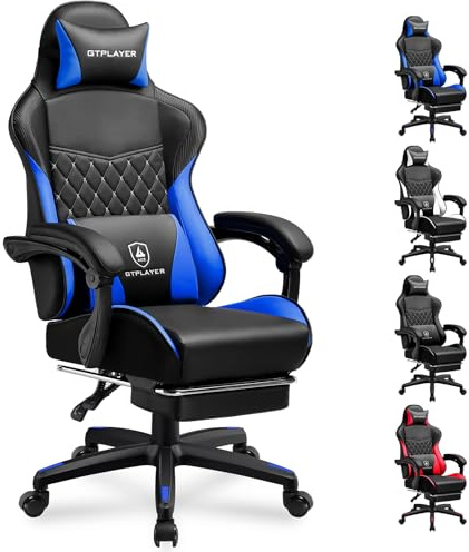GTPLAYER Gamingstol, gaming stol, ergonomisk höjdjusterbar kontorsstol, lämplig för vinter och sommar, med dubbelt ryggstöd, med fotstöd avtagbart överdrag och ländryggsstöd blå