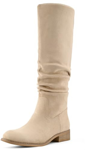 Shoe'N Tale Women's Knee High Boots Flat Low Heel Slouch Pointed Toe Winter Shoes with Side Zipper(8,Khaki)