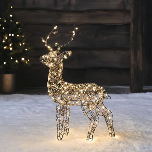 Lights4fun Cervo Luminoso Renna di Rattan di 56 cm a 160 LED Bianco Caldo con Timer Decorazione di Natale Figura Natalizia per Interni ed Esterni