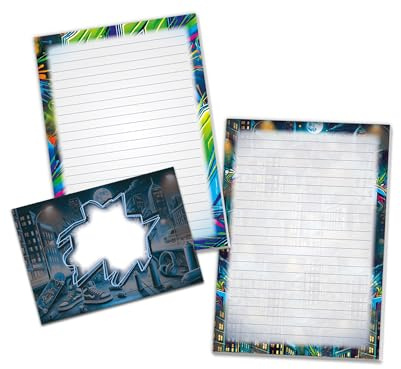 Briefpapier-Set mit 2 Schreibblöcken und 25 Umschlägen für Kinder Schulheft Heft Notizblock Heft (1 Block Bunt und 1 Block Stadt A5 mit je 25 Blättern + 25 Briefumschläge)