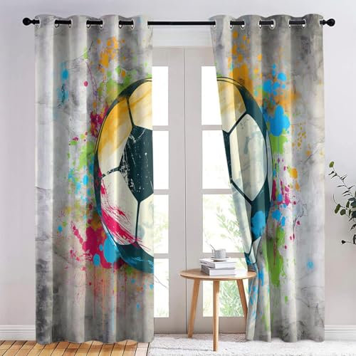 Vorhang Alter FußBall Bedruckte Vorhänge, Wohnzimmer Gardinen Modern H166 x B75 cm (2er Pack) Bedruckte Fensterdekoration Pflegeleicht Bunt Polyestermaterial