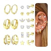 JeweBella 9 Paar 316L Chirurgenstahl Ohrringe Damen Hypoallergene Flatback Ohrringe Set Conch Tragus Helix Knorpel Piercings Ohr Klein Creolen Ohrstecker Damen Gold Silber