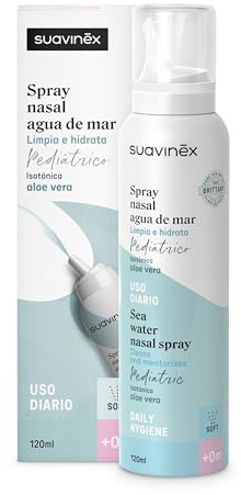Suavinex, Spray Nasal para Bebés con Agua de Mar, Spray Pediátrico, Apto Recién Nacidos, Isotónico, para la Higiene Diaria, para Lavados Nasales, Limpia e Hidrata, con Aloe Vera, Fuerza Suave, 120 ml