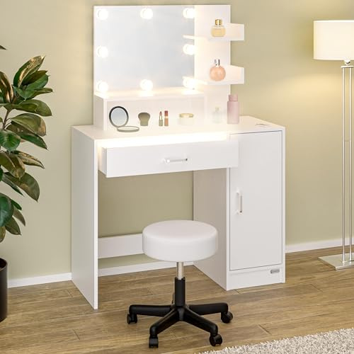 Casaria® Schminktisch mit Spiegel und Hocker inkl. LED Beleuchtung Schrank Schublade Regale Kosmetiktisch Make-up Fernbedienung 90x40cm Holz Weiß